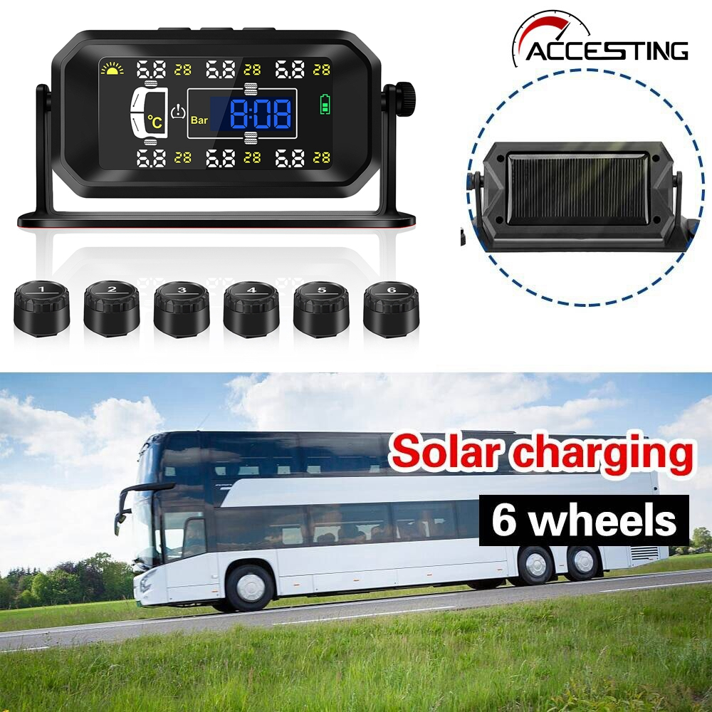 พร้อมเซ็นเซอร์ภายนอก 6 ตัวNEW รถ RV รถบรรทุก TPMS ไร้สายดิจิตอล LCD Alarm ระบบตรวจสอบความดันยางพลังงานแสงอาทิตย์และการชาร์จ USB