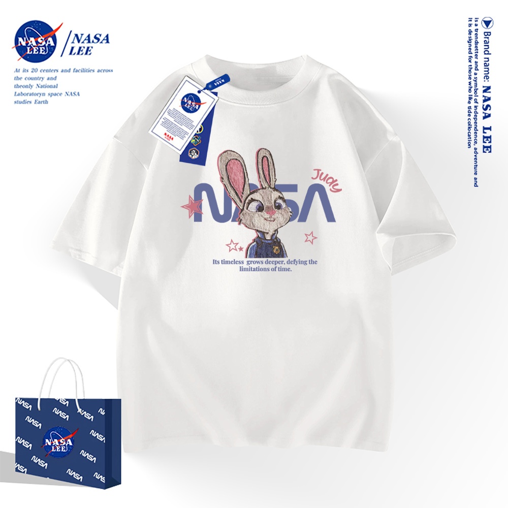NASAเสื้อยืดสไตล์อเมริกาผ้าฝ้าย 100% คอสั้นเสื้อชาย และหญิงดั้งเดิม กระต่ายการ์ต