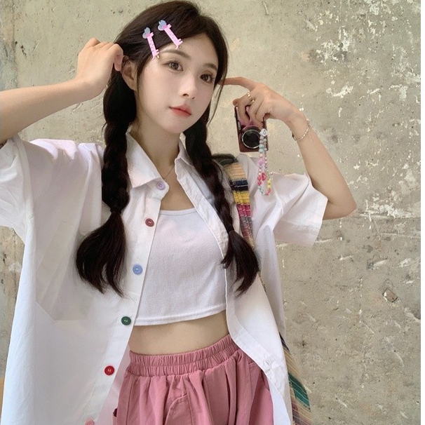 เสื้อน่ารัก ทรงหลวม เสื้อเชิ้ตแขนสั้น แบบเรียบง่าย แฟชั่นสไตล์เกาหลี สำหรับผู้หญิง