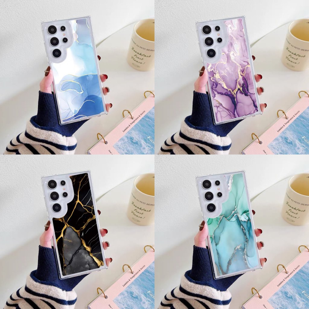 แฟชั่น ยุโรปและอเมริกา หินอ่อน เคส Samsung Galaxy S25Ultra S24FE S24 Ultra S23FE S22 S23 Ultra S20 S21 FE + Note20 Ultra A55 A54 A53 A35 A33 Case โปร่งใส ถุงลมนิรภัย ป้องกันการตก อ่อนนุ่ม เคส