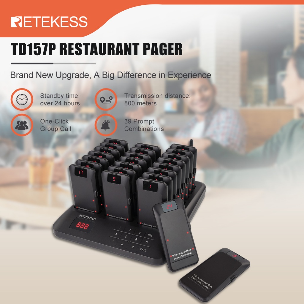 Retekess TD157A TD157P ร้านอาหารเพจเจอร์ไร้สายร้านอาหาร Buzzer 800M 39 โหมดพร้อมสามารถเชื่อมต่อสําหร