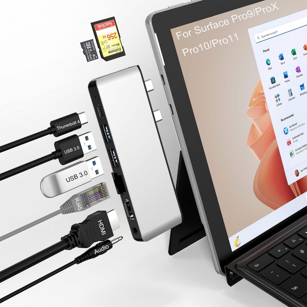 Surface Pro 9/10/11 Hub Docking Station พร้อม 4K HDMI USB-C อะแดปเตอร์ RJ45 สําหรับ surface Pro9/10/11