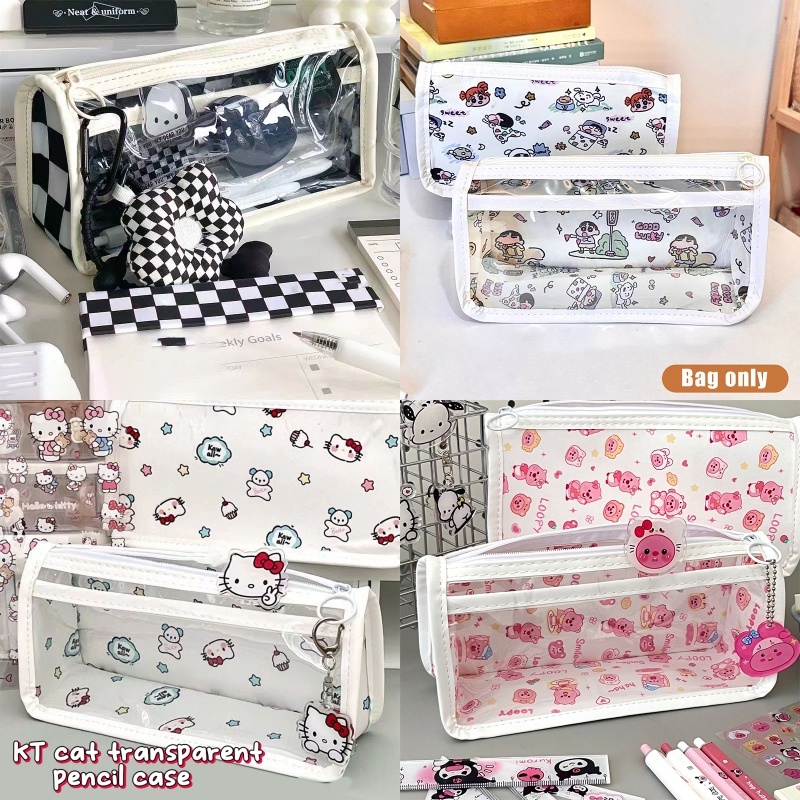 Annapink.th แบบพกพากันน ้ ําขนาดใหญ ่ ความจุ Double Layer กล ่ องดินสอโปร ่ งใส Checkerboard กระเป ๋ าดินสอนักเรียนเครื ่ องเขียน EN