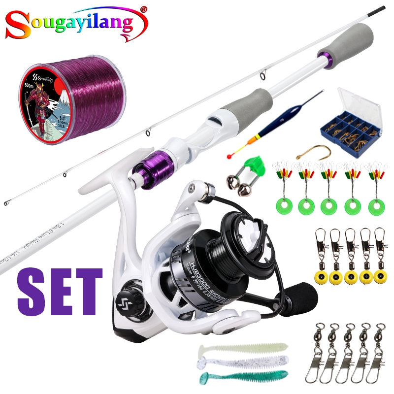 Sougayilang 1.8m Spinning Fishing Rod ชุด 1.8 Mคาร์บอน 2 ส่วน Spinning Fishing Rod + 1: 1 BB White Fishing Reel + 500M Nlon สายตกปลา + Fishing Lure ชุดตกปลาเต็มรูปแบบสําหรับน้ําจืด