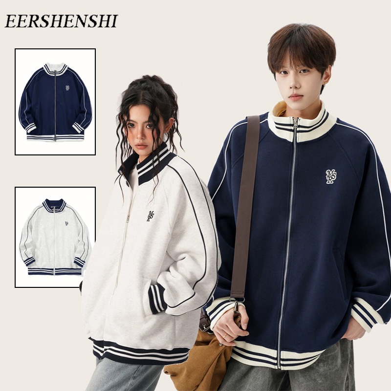 EERSHENSHI เอร์เชนชิ ยืนปกความคมชัดสีลายเบสบอลเครื่องแบบเสื้อใหม่หลวมแจ็คเก็ตเสื้อกันหนาว