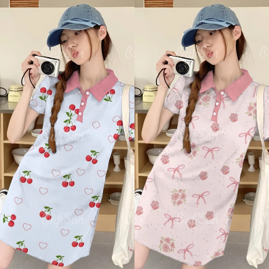 สไตล์เกาหลี Bows & Florals & Cherry Polo Dress ผู้หญิง Casual Retro กีฬาสไตล์สีชมพูชุดโปโลขั้นสูงแฟชั่นแขนสั้น A-Line กระโปรง 2025