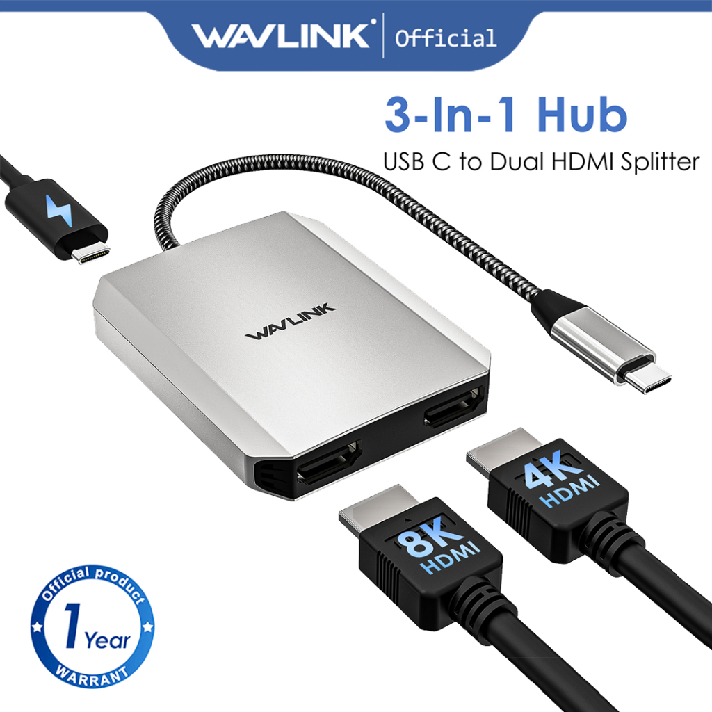 Wavlink USB C เป็น HDMI Dual Display Adapter 8K 4K HDMI Adapter พร้อมการจัดส่งพลังงาน 95W