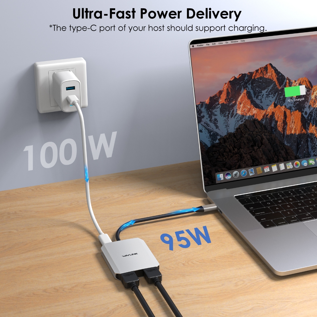 Wavlink USB C เป็น HDMI Dual Display Adapter 8K 4K HDMI Adapter พร้อมการจัดส่งพลังงาน 95W
