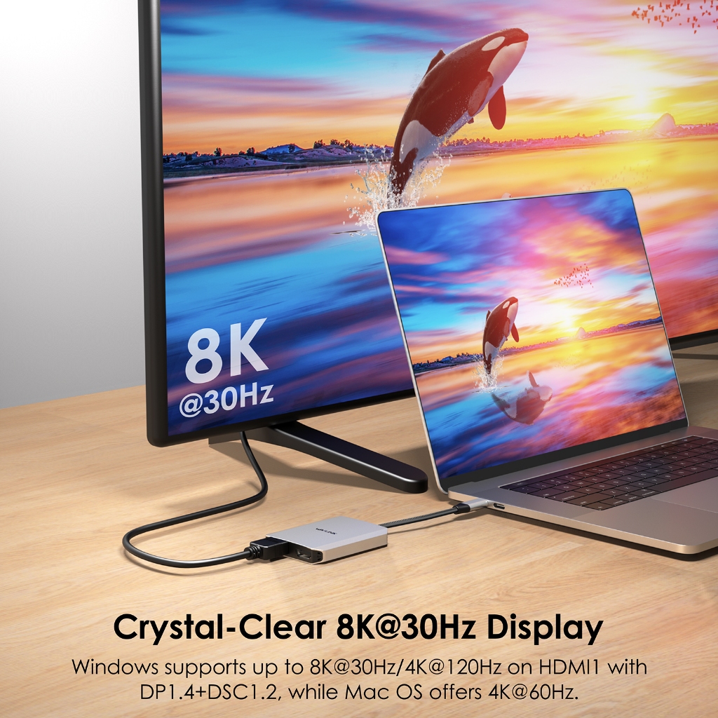 Wavlink USB C เป็น HDMI Dual Display Adapter 8K 4K HDMI Adapter พร้อมการจัดส่งพลังงาน 95W