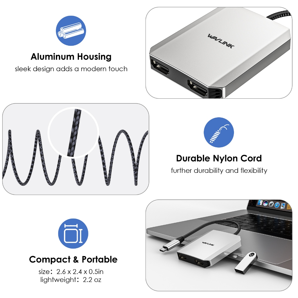 Wavlink USB C เป็น HDMI Dual Display Adapter 8K 4K HDMI Adapter พร้อมการจัดส่งพลังงาน 95W
