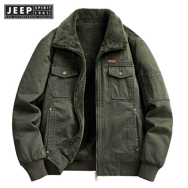 Jeep SPIRIT 1941 ESTD Cotton ผู้ชายหนาลําลองหลวมยืนปกหลายกระเป๋าล้างแจ็คเก็ต