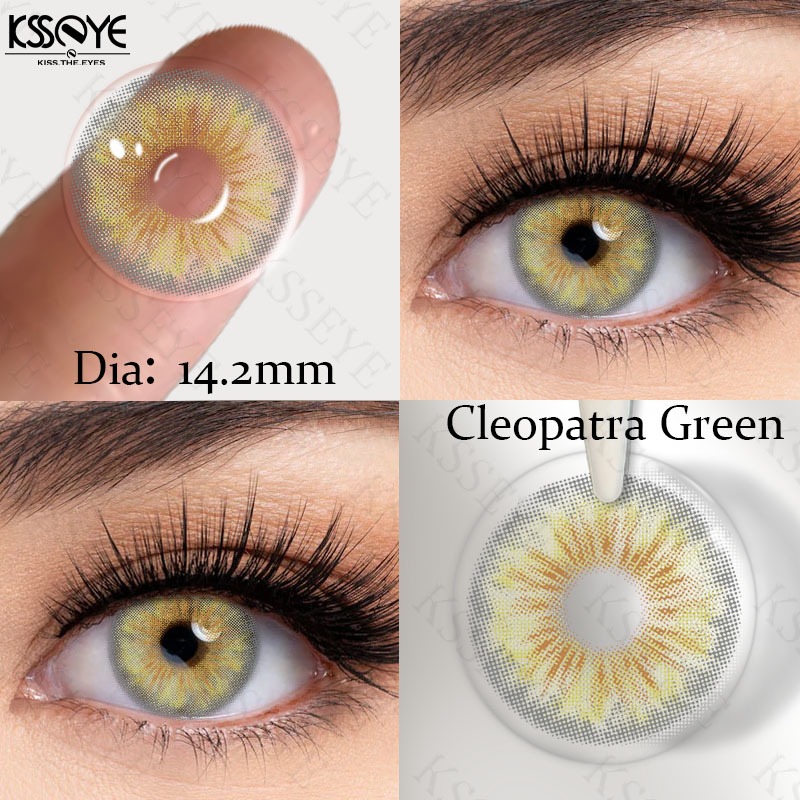2 ชิ้นคอนแทคเลนส์คลีโอพัตราสีเขียว/สีเทา/สีน้ําตาล KSSEYE สายตาสั้นองศา (0-8.00) 1 ปีใช้ Dia: 14.2 มม.ธรรมชาติสบายนักเรียนขนาดเล็ก