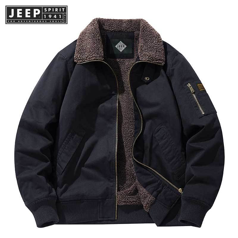 Jeep SPIRIT 1941 ESTD เสื้อแจ็คเก็ตกํามะหยี่แท้ผู้ชายฤดูหนาวใหม่เสื้อแจ็คเก็ตผ้าฝ้ายลําลอง