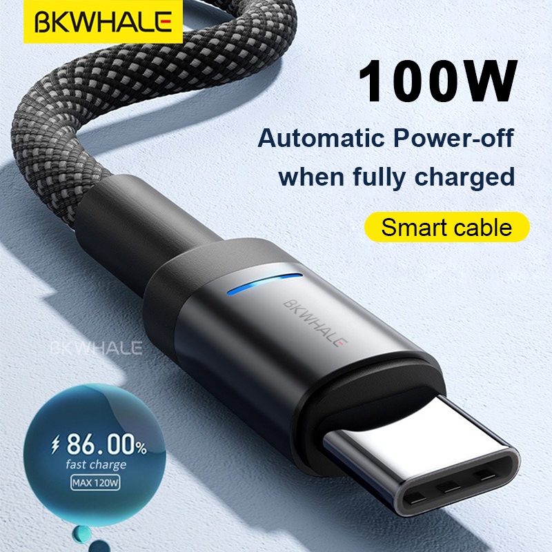 Bkwhale 6A 100W Type C ถึง Type C สายชาร์จเร็วปิดอัตโนมัติสายเคเบิลข้อมูล USB C
