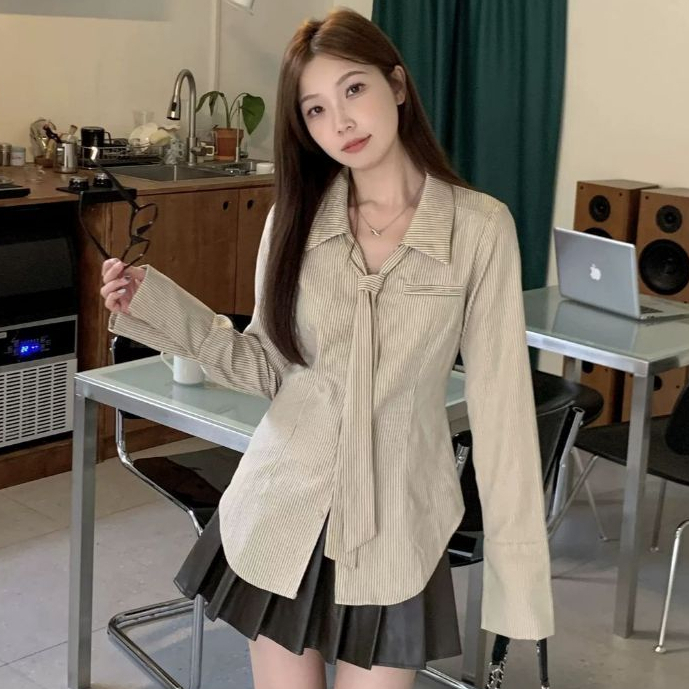Laterme เสื้อแขนยาว แฟชั่น วินเทจ ลายทางมีเน็คไท สไตล์เกาหลี สําหรับผู้หญิง