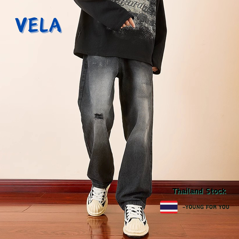 Vela-กางเกงยีนส์ยาวชาย สีดำ ทรงกระบอกเอวสูง Straight Fit  แฟชั่น  ทรงหลวม ทรงลุง baggyjeans ใส่สบาย