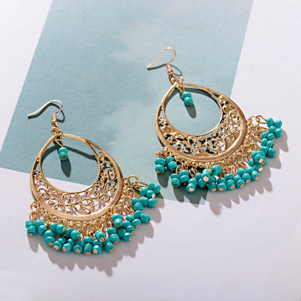 Boho ชาติพันธุ์สีทองแกะสลัก Hollow ต่างหูผู้หญิงแฟชั่นลูกปัดอะคริลิคพู่ Water Drop Dangle ต่างหู Femme Bijoux