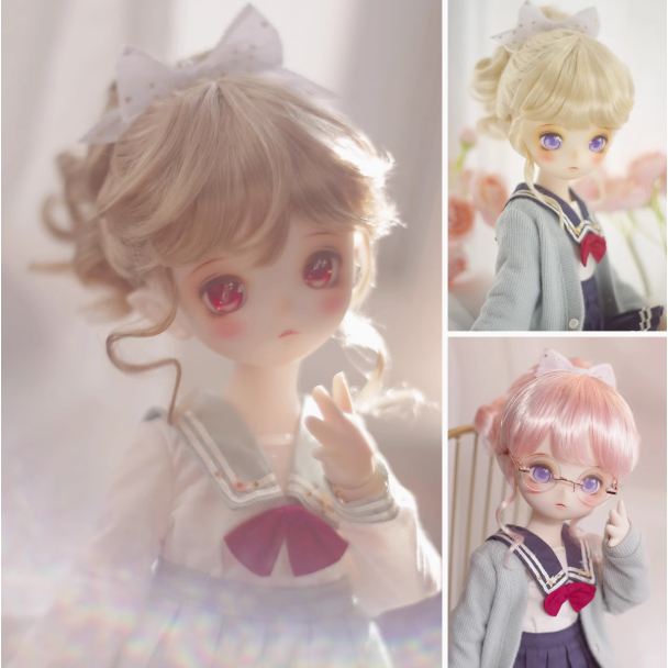 1/8 1/6 1/4 1/3 บีเจดี วิกผมเด็กเลียนแบบ โมแฮร์ นมชาสีน้ําตาลสีชมพูผมหางม้าสูงผมหยิก