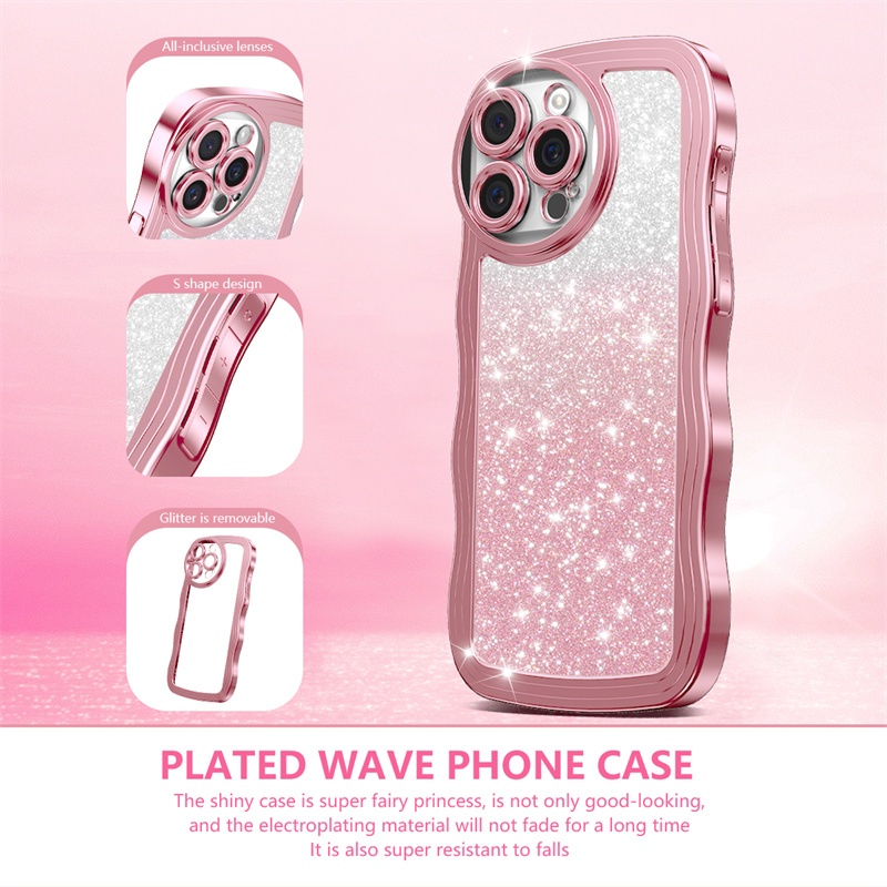 Wave Plated Glitter กรอบ Bling เคสโทรศัพท์สําหรับ OPPO A15 A15S A16 A16S A17 A17K A53 2020 A53S A54 A54S A55 A57 4G 5G กันกระแทก Soft TPU ฝาหลัง