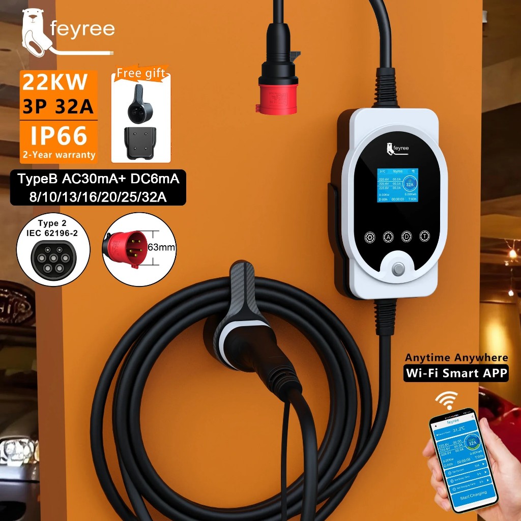 Feyree 22KW EV Charger แบบพกพา 32A 3Phase ประเภท 2 EV wallbox พร้อม Wi-Fi APP สมาร์ทสถานีชาร์จมือถือ