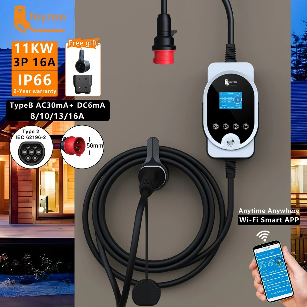 Feyree Type2 แบบพกพา EV Charger 11KW 16A 3P Car Charger Wi-Fi APP ควบคุม EVSE กล่องชาร์จ EV CEE ปลั๊