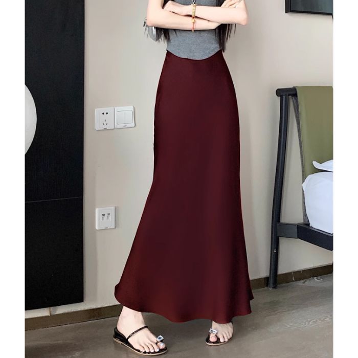 Fishtail แฟชั่นผู้หญิง Maxi กระโปรงยาวเอวสูงมุสลิมดินสอ Ancle ผ้าไหมกระโปรง Causal สีธรรมดา Clouthes หลวม Plus ขนาด A-Line #A113
