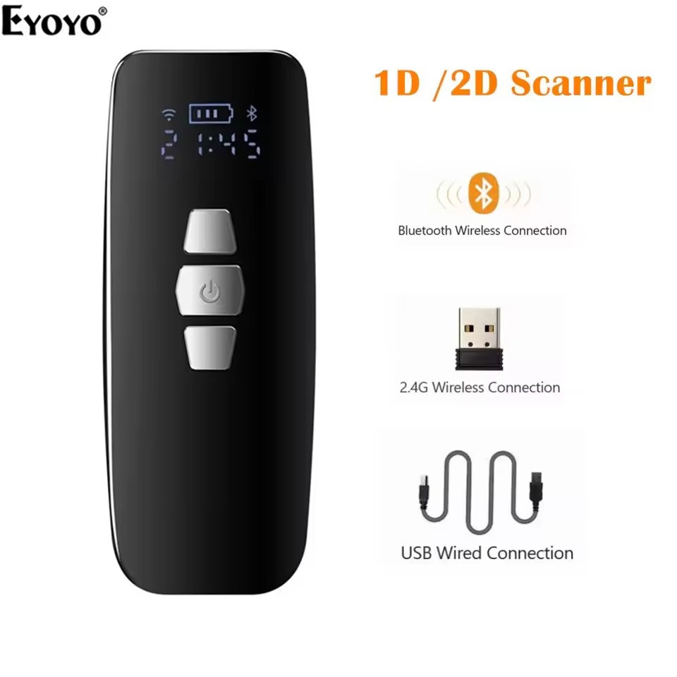 Eyoyo Evnvn เครื่องสแกนบาร์โค้ดบลูทูธ, เครื่องอ่านบาร์โค้ดแบบพกพาขนาดเล็ก USB แบบมีสาย/บลูทูธ/ 2.4G 