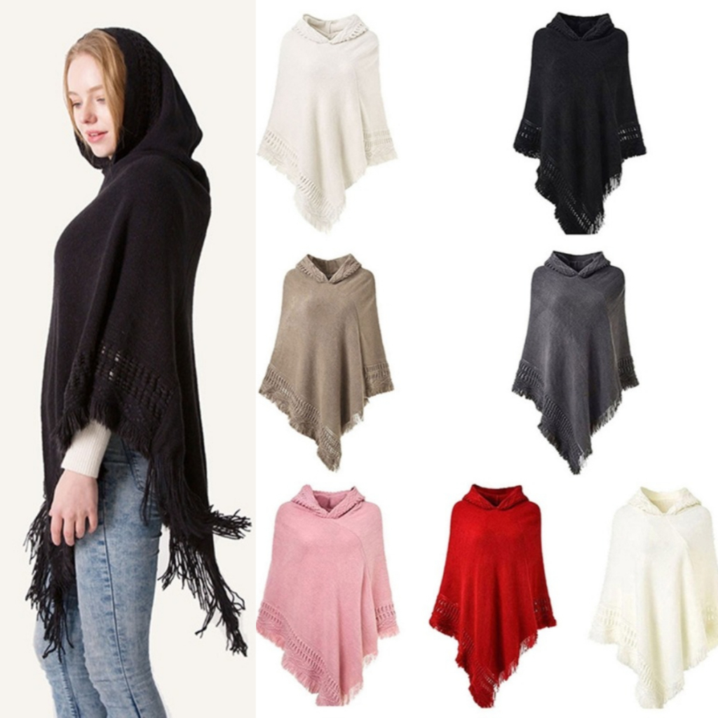 Mim ผู้หญิงฤดูหนาวถัก Hooded Poncho Cape โครเชต์ Fringed พู่ผ้าคลุมไหล่เสื้อกันหนาว