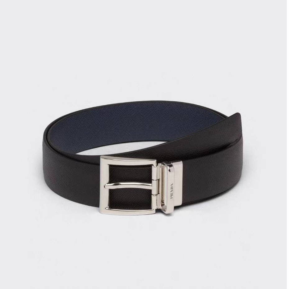 Spot 35mm Mens Reversible Snap Belt Leather Black/Blue Belt มาพร้อมชุดกล่องของขวัญ