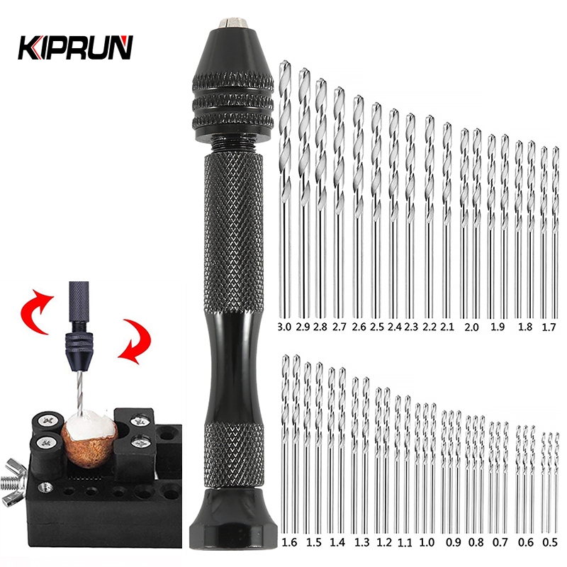 Kiprun 49 ชิ้น Mini Micro อลูมิเนียมเจาะมือ Keyless Chuck HSS Twist เจาะบิตงานไม้เจาะเครื่องมือโรตารี่มือเจาะคู่มือ