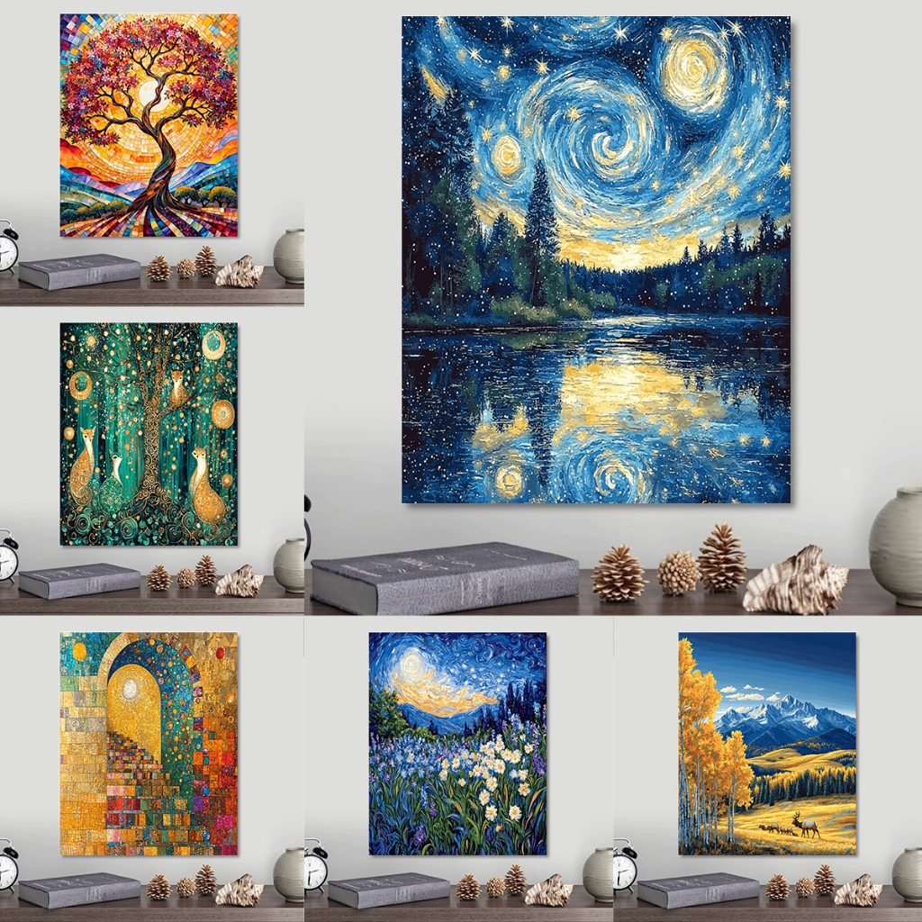 ระบายสีตามตัวเลข Moonlit night sky ภาพวาดตามจํานวนภาพวาดตกแต่งผนังสําหรับห้องนั่งเล่นตกแต่งบ้าน