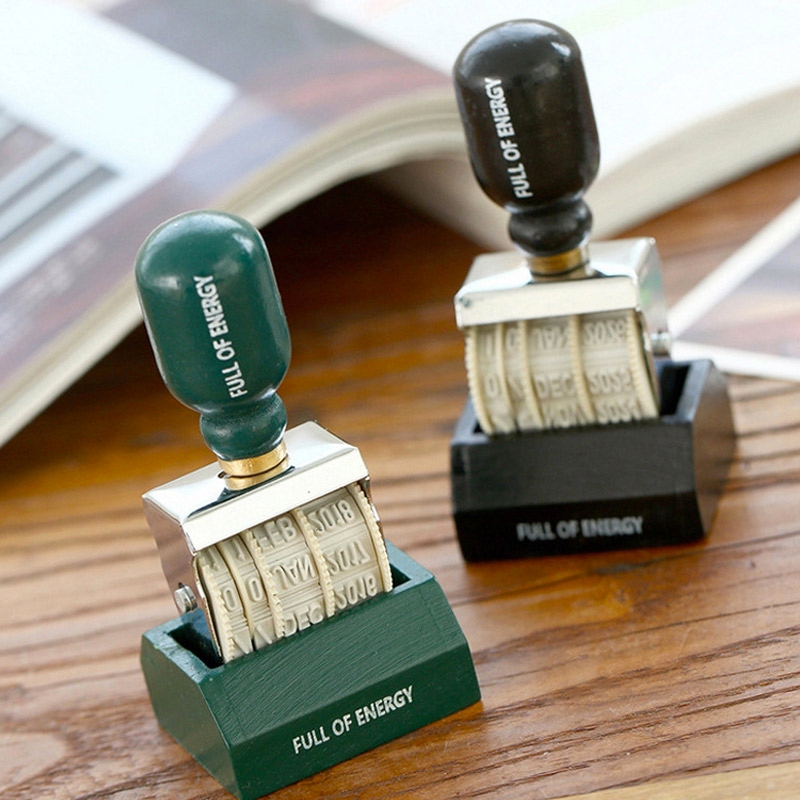 Vintage Traveler Notebook Stamp วันที่ป้ายไม้ DIY เครื่องมือ Roller ปฏิทินรายวัน Creative Perpetual ปฏิทินแสตมป์ไม้