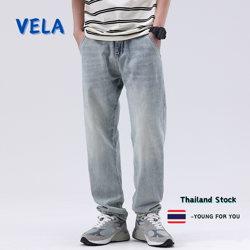 Vela กางเกงยีนส์ผู้ชาย baggy jeans ทรงกระบอกใหญ่ ขายาว สีน้ำเงิน วินเทจ แฟชั่นลำลอง Fashion ทรงตรง ทรงหลวม