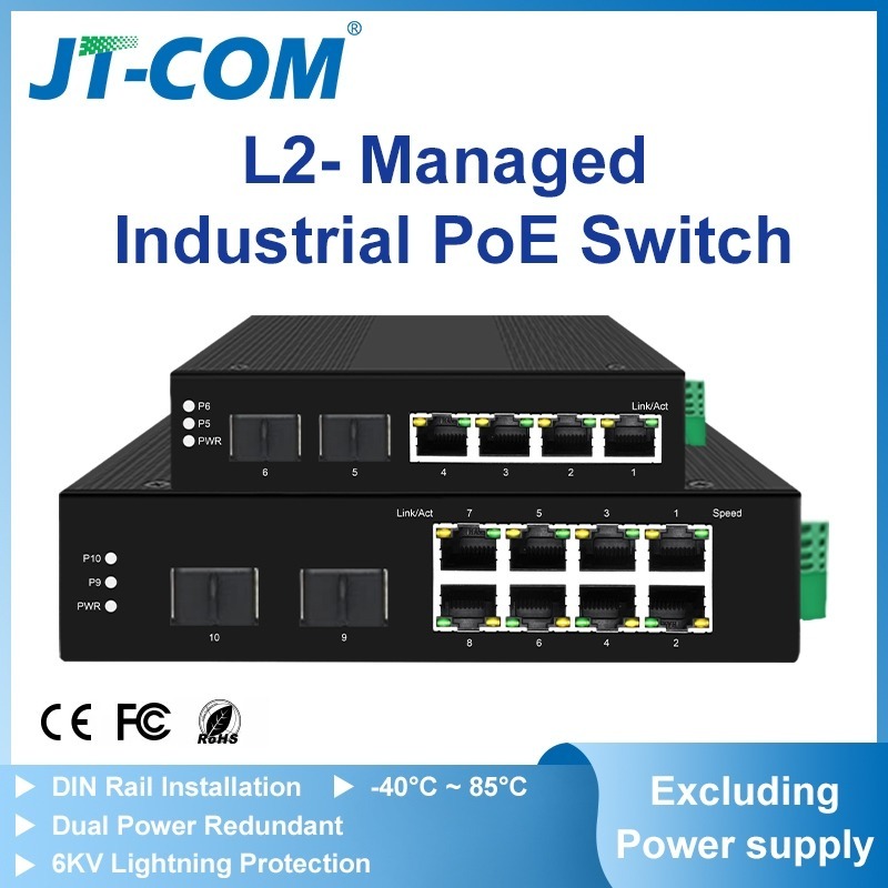 JT-COM Gigabit Industrial POE Switch 6 Port /10 Port DiN-Rail Layer 2- Intelligent X-Ring Network Switch สวิตช์ไฟเบอร์สําหรับกล้อง IP, NVR, AP ไร้สาย, กล้องวงจรปิด, AI