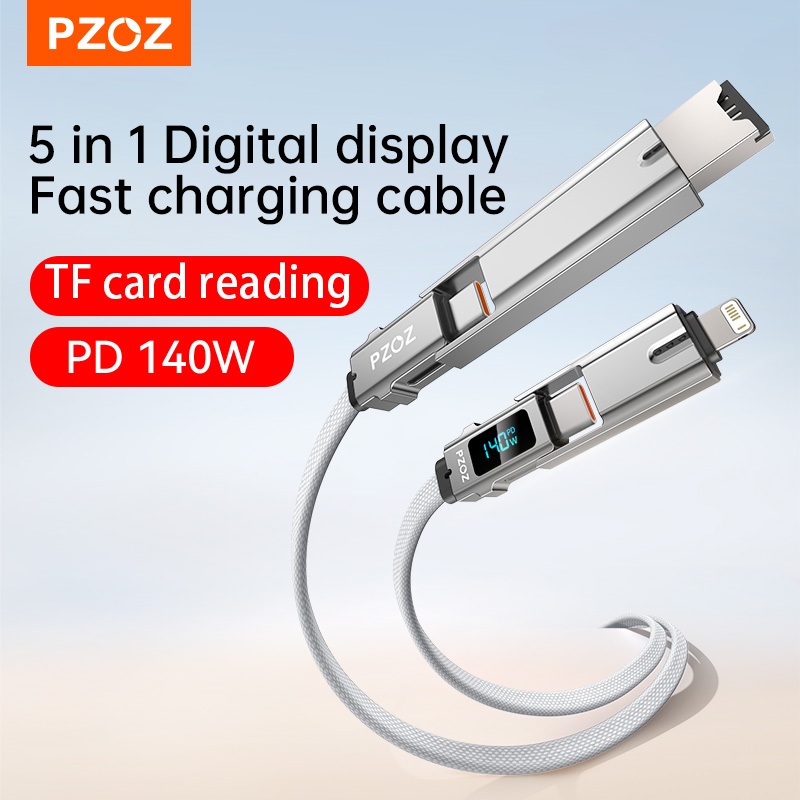 Pzoz 140W TF Card Reader สายดิจิตอลจอแสดงผล 5 ใน 1 สาย OTG ข้อมูลสายชาร์จเร็วสําหรับ iPhone 16 15 Pr