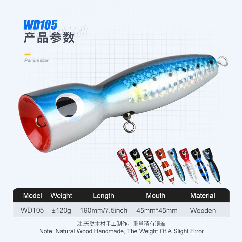 TEASER【WD105】1PC ±120g ±19 ซม.ไม้ขนาดใหญ่ประดิษฐ์ Popper Fish Lure Topwater จําลองเหยื่อตกปลาทะเลรอก 8091-5X เดี่ยวตะขอหนัก