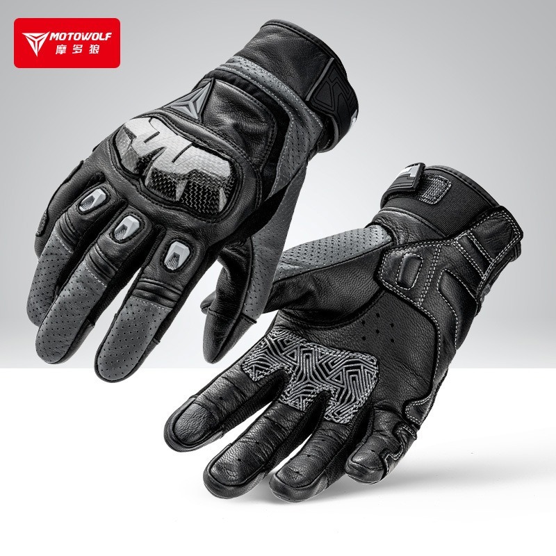 โมโตวูล์ฟ ถุงมือขี่มอเตอร์ไซค์หน้าจอสัมผัสเข้ากันได้ระบายอากาศหนังวัวหนังเต็มนิ้