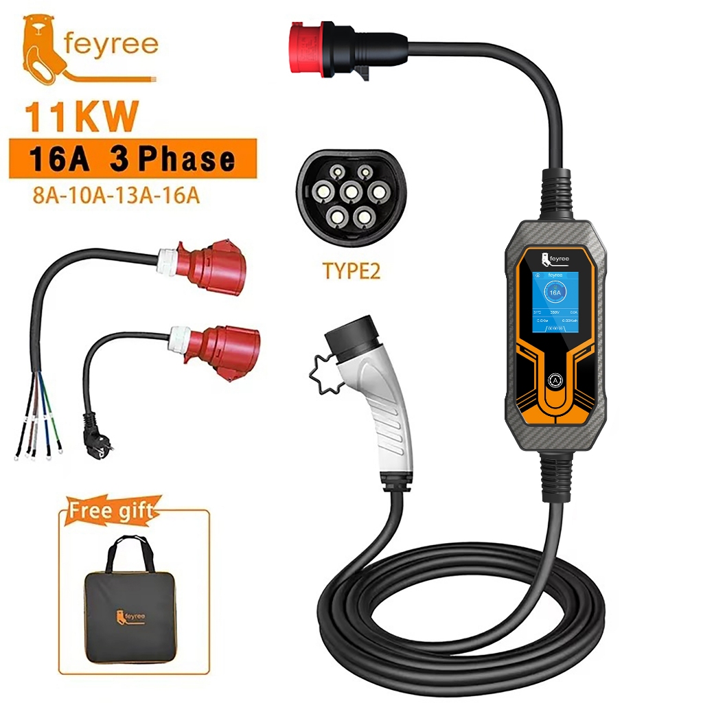 Feyree กล่องชาร์จไฟฟ้า 11KW 16A EV Type2 5 ม. EVSE 3 เฟส ปลั๊ก CEE IEC62196-2 สําหรับรถยนต์