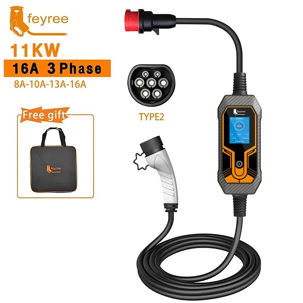 Feyree ที่ชาร์จไฟฟ้า แบบพกพา 11KW 16A EV Type2 EVSE CEE Plug IEC62196-2 สําหรับรถยนต์