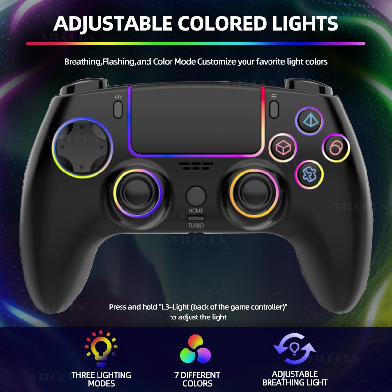 2025 NEW PS5 จอยเกมส์ pc  Vilcorn RGB Light Effect ถุงมือเล่นเกม คอนโทรลเลอร์ไร้สายสําหรับ PS5/PS4/PS3/สวิตช์/PC/Steam Deck Turbo Dual Vibration Gamepad สําหรับ PS5/MAC OS/โทรศัพท์มือถือ