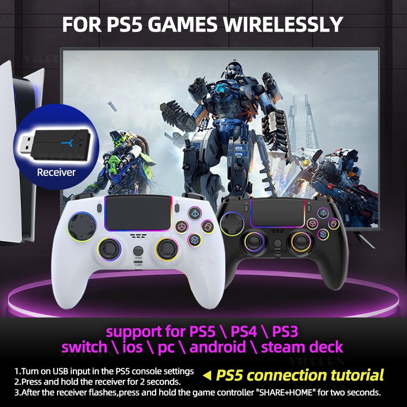 2025 NEW PS5 จอยเกมส์ pc  Vilcorn RGB Light Effect ถุงมือเล่นเกม คอนโทรลเลอร์ไร้สายสําหรับ PS5/PS4/PS3/สวิตช์/PC/Steam Deck Turbo Dual Vibration Gamepad สําหรับ PS5/MAC OS/โทรศัพท์มือถือ