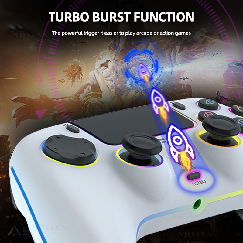 2025 NEW PS5 จอยเกมส์ pc  Vilcorn RGB Light Effect ถุงมือเล่นเกม คอนโทรลเลอร์ไร้สายสําหรับ PS5/PS4/PS3/สวิตช์/PC/Steam Deck Turbo Dual Vibration Gamepad สําหรับ PS5/MAC OS/โทรศัพท์มือถือ
