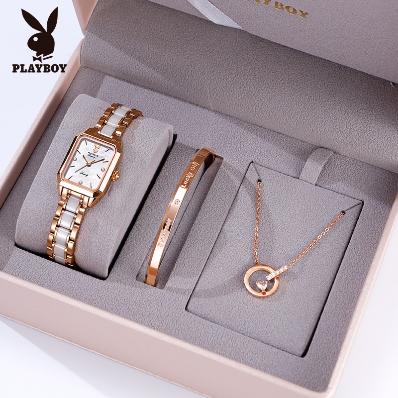 PLAYBOY ชุดนาฬิกาข้อมือ กันน้ำ 100% สเตนเลส สร้อยคอ สายเซรามิค กำไล ของขวัญวันวาเลนไทน์ สำหรับผู้หญิง 2050