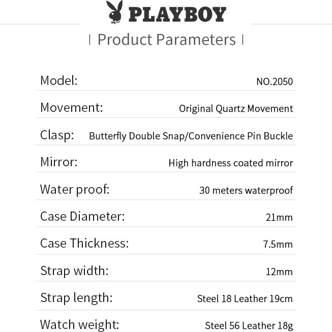 PLAYBOY ชุดนาฬิกาข้อมือ กันน้ำ 100% สเตนเลส สร้อยคอ สายเซรามิค กำไล ของขวัญวันวาเลนไทน์ สำหรับผู้หญิง 2050
