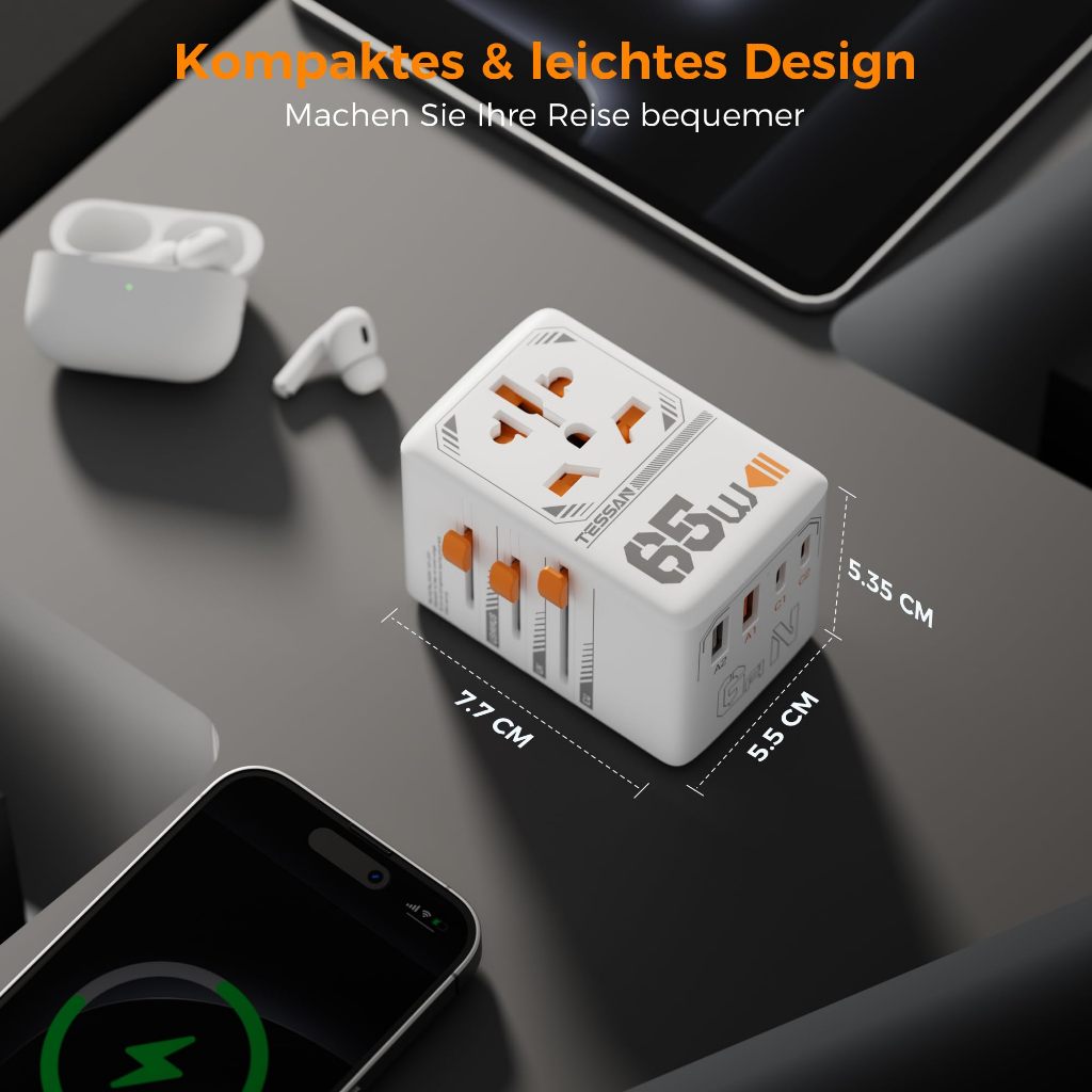 TESSAN หัวแปลงปลั๊กต่างประเทศ Universal Travel Adapter 30W/65W/100W มาพร้อม ช่อง USB-C และ USB-A - รูปที่ 2