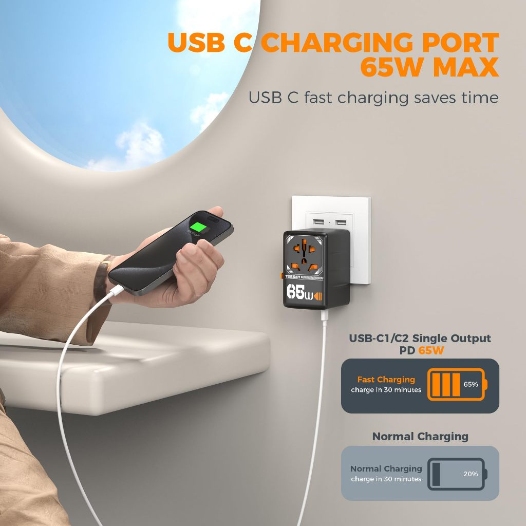 TESSAN หัวแปลงปลั๊กต่างประเทศ Universal Travel Adapter 30W/65W/100W มาพร้อม ช่อง USB-C และ USB-A - รูปที่ 6