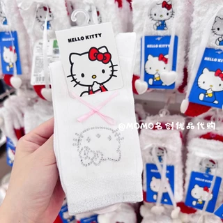Miniso HelloKitty ถุงน่องโบว์เพชรร้อนสีขาว ถุงเท้าปัก Hello Kitty น่ารัก