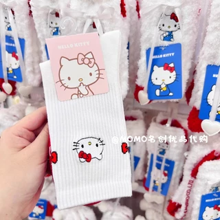 Miniso HelloKitty ถุงน่องโบว์เพชรร้อนสีขาว ถุงเท้าปัก Hello Kitty น่ารัก