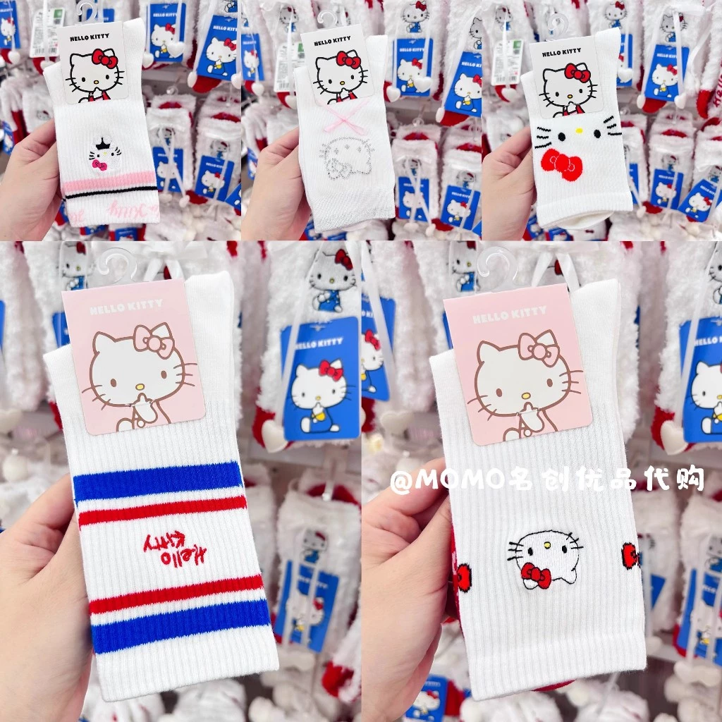 Miniso HelloKitty ถุงน่องโบว์เพชรร้อนสีขาว ถุงเท้าปัก Hello Kitty น่ารัก