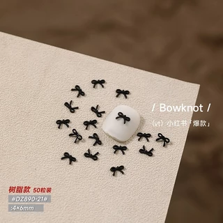 Rou Bao 50 ชิ้นเล็บภาษาฝรั่งเศสคําสีดํา Mini Bow Girly 3D เรซิ่นเล็บ Art DIY Charms ตกแต่ง